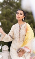 Shirt Front: Borer Embroidered Lawn Shirt Back: Embroidered Lawn Sleeves: Borer Embroidered Lawn Dupatta: Digital Printed Cotton Slob Shirt Front Lace 1: Embroidered Organza Shirt Front Lace 2: Borer Embroidered Lawn Shirt Front Lace 3: Embroidered Organza Sleeve Lace 1: Embroidered Organza Sleeve Lace 2: Embroidered Organza Neck Lace: Embroidered Organza Shirt Back Patch: Embroidered Organza Trouser: Dyed Cambric