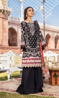 Shirt Front: Borer Embroidered Lawn Shirt Back: Embroidered Lawn Sleeves: Borer Embroidered Lawn Dupatta: Digital Printed Silk Shirt Front Lace: Embroidered Silk Sleeve Lace: Embroidered Silk Trouser: Dyed Cambric