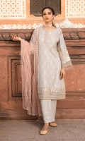 Shirt Front & back Panel: Sequence Embroidered lawn Shirt Side panels: Sequence Embroidered lawn Sleeves: Embroidered Lawn Dupatta: Sequence Embroidered Net Shirt Front & Back Lace: Sequence Embroidered Organza Sleeves Lace: Sequence Embroidered Organza Necklace: Sequence Embroidered Organza Trouser: Dyed Cambric