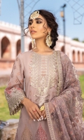 Shirt Front, Back & Sleeves: Printed Jacquard Dupatta: Embroidered Net Neck Line: Embroidered Organza Shirt Front Lace: Embroidered Organza Sleeves Lace: Embroidered Organza Dupatta Lace: Embroidered Organza Trouser: Dyed Cambric