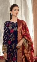 Shirt Front: Velvet Embroidered Shirt Back: Plain Velvet Sleeves: Velvet Embroidered Shawl: Dyed Banarasi Sleeves Lace: Embroidered Raw Silk Trouser: Dyed Raw Silk Shirt Front: Velvet Embroidered Shirt Back: Plain Velvet Sleeves: Velvet Embroidered Shawl: Dyed Banarasi Sleeves Lace: Embroidered Raw Silk Trouser: Dyed Raw Silk