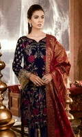 Shirt Front: Velvet Embroidered Shirt Back: Plain Velvet Sleeves: Velvet Embroidered Shawl: Dyed Banarasi Sleeves Lace: Embroidered Raw Silk Trouser: Dyed Raw Silk Shirt Front: Velvet Embroidered Shirt Back: Plain Velvet Sleeves: Velvet Embroidered Shawl: Dyed Banarasi Sleeves Lace: Embroidered Raw Silk Trouser: Dyed Raw Silk