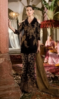 Shirt Front: Velvet Embroidered Shirt Back: Plain Velvet Sleeves: Velvet Embroidered Shawl: Dyed Banarasi Trouser: Embroidered Raw Silk Shirt Front: Velvet Embroidered Shirt Back: Plain Velvet Sleeves: Velvet Embroidered Shawl: Dyed Banarasi Trouser: Embroidered Raw Silk