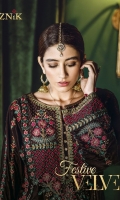 Shirt Front: Embroidered Velvet Shirt back: Embroidered Velvet Sleeves: Embroidered Velvet Dupatta: Mina jammawar shawl Sleeves Lace: Embroidered Silk Trouser Lace: Embroidered Silk Trouser: Dyed Raw Silk