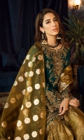 Shirt Front: Embroidered Velvet Shirt back: Embroidered Velvet Sleeves: Embroidered Velvet Dupatta: Organza Jammawar Shawl Sleeves Lace: Embroidered Silk Front & Back Lace: Embroidered Velvet Trouser: Dyed Jammawar