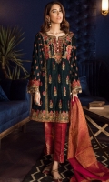 Shirt Front Panel: Embroidered Velvet Shirt Back Panel: Embroidered Velvet Shirt Side Panels: Embroidered Velvet Sleeves: Embroidered Velvet Dupatta: 2 Tone Masuri Net Dupatta Lace: Embroidered Silk (4 Sides) Sleeves Lace: Embroidered Silk Front & Back Lace: Embroidered Silk Trouser: Dyed Jammawar