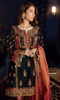 Shirt Front Panel: Embroidered Velvet Shirt Back Panel: Embroidered Velvet Shirt Side Panels: Embroidered Velvet Sleeves: Embroidered Velvet Dupatta: 2 Tone Masuri Net Dupatta Lace: Embroidered Silk (4 Sides) Sleeves Lace: Embroidered Silk Front & Back Lace: Embroidered Silk Trouser: Dyed Jammawar