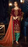 Shirt Front: Embroidered Velvet Shirt back: Embroidered Velvet Sleeves: Embroidered Velvet Sleeves Lace: Embroidered Silk Dupatta: Dyed Bamber Zari Shawl Dupatta Lace: Embroidered Silk Front & Back Lace: Embroidered Silk Trouser: Dyed Jammawar