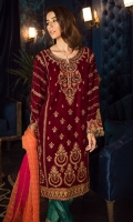 Shirt Front: Embroidered Velvet Shirt back: Embroidered Velvet Sleeves: Embroidered Velvet Sleeves Lace: Embroidered Silk Dupatta: Dyed Bamber Zari Shawl Dupatta Lace: Embroidered Silk Front & Back Lace: Embroidered Silk Trouser: Dyed Jammawar