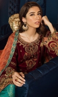 Shirt Front: Embroidered Velvet Shirt back: Embroidered Velvet Sleeves: Embroidered Velvet Sleeves Lace: Embroidered Silk Dupatta: Dyed Bamber Zari Shawl Dupatta Lace: Embroidered Silk Front & Back Lace: Embroidered Silk Trouser: Dyed Jammawar