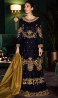 Front & Back: Embroidered Velvet Front Bodice: Embroidered Velvet Back Bodice: Embroidered Velvet Sleeves: Embroidered Velvet Dupatta: Masuri net Neck Line: Embroidered Silk with Ada work Sleeves Lace: Embroidered Silk with Adda work Dupatta Lace: Embroidered Silk (4 Side) Tassel: Embroidered Velvet with Adda work Trouser: Dyed Raw Silk