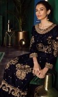 Front & Back: Embroidered Velvet Front Bodice: Embroidered Velvet Back Bodice: Embroidered Velvet Sleeves: Embroidered Velvet Dupatta: Masuri net Neck Line: Embroidered Silk with Ada work Sleeves Lace: Embroidered Silk with Adda work Dupatta Lace: Embroidered Silk (4 Side) Tassel: Embroidered Velvet with Adda work Trouser: Dyed Raw Silk