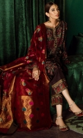 Shirt Front: Embroidered Velvet Shirt back: Embroidered Velvet Sleeves: Embroidered Velvet Dupatta: Mina jammawar shawl Sleeves Lace: Embroidered Silk Trouser Lace: Embroidered Silk Trouser: Dyed Raw Silk