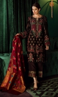 Shirt Front: Embroidered Velvet Shirt back: Embroidered Velvet Sleeves: Embroidered Velvet Dupatta: Mina jammawar shawl Sleeves Lace: Embroidered Silk Trouser Lace: Embroidered Silk Trouser: Dyed Raw Silk