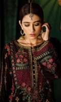 Shirt Front: Embroidered Velvet Shirt back: Embroidered Velvet Sleeves: Embroidered Velvet Dupatta: Mina jammawar shawl Sleeves Lace: Embroidered Silk Trouser Lace: Embroidered Silk Trouser: Dyed Raw Silk
