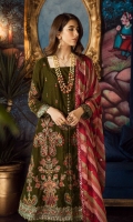 Shirt Front: Embroidered Velvet Shirt back: Embroidered Velvet Sleeves: Embroidered Velvet Dupatta: Digital Printed Sequins Embroidered Chiffon Front & Back Lace: Sequins Embroidered Silk Sleeves Lace: Sequins Embroidered Silk Dupatta Lace: Sequins Embroidered Silk Trouser: Dyed Raw Silk