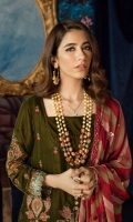 Shirt Front: Embroidered Velvet Shirt back: Embroidered Velvet Sleeves: Embroidered Velvet Dupatta: Digital Printed Sequins Embroidered Chiffon Front & Back Lace: Sequins Embroidered Silk Sleeves Lace: Sequins Embroidered Silk Dupatta Lace: Sequins Embroidered Silk Trouser: Dyed Raw Silk