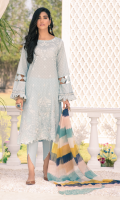 Shirt Front: Printed Embroidered Lawn Shirt Back & Sleeves: Printed Lawn Sleeves Lace: Embroidered Organza Dupatta: Printed Chiffon Trouser: Dyed Cambric