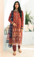 Shirt Front: Printed Embroidered Lawn Shirt Back and sleeves : Printed Lawn Daman Lace: Embroidered Organza Neck lace: Embroidered Organza Dupatta: Printed Chiffon Trouser: Dyed Cambric