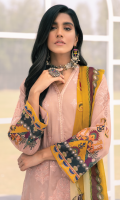 Shirt Front: Sequins Embroidered Printed Lawn Shirt Back & Sleeves: Printed Lawn Sleeves Patch: Sequins Embroidered Organza Neck Lace: Sequins Embroidered Organza Dupatta: Printed Chiffon Trouser: Dyed Cambric