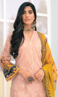 Shirt Front: Sequins Embroidered Printed Lawn Shirt Back & Sleeves: Printed Lawn Sleeves Patch: Sequins Embroidered Organza Neck Lace: Sequins Embroidered Organza Dupatta: Printed Chiffon Trouser: Dyed Cambric