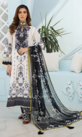 Shirt Front, Back and Sleeves : Printed Lawn Neckline: Embroidered Cotton Shirt Front Lace : Embroidered Cotton Dupatta: Printed Chiffon Trouser: Dyed Cambric Trouser Lace: Sequins Embroidered Organza