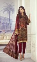 Shirt Front: Sequins Embroidered Chiffon (1 yard) Shirt Back: Sequins Embroidered Chiffon (0.8yard) Sleeves: Sequins Embroidered Chiffon (0.7 yards) Dupatta: Sequins Embroidered Chiffon (2.3 yards) Dupatta Pallu: Sequins Embroidered Silk (2.3 yards) Sleeve Lace: Sequins Embroidered Silk (1 yard) Front & Back Lace: Sequins Embroidered Silk (2 yards) Trouser: Dyed Raw Silk (2.5 yard)