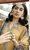 Front: Embroidered Printed Linen Back& Sleeves: Printed Linen Dupatta: Viscose Printed Shawl Trouser: Dyed Linen Neck Line: Organza Embroidered Front: Embroidered Printed Linen Back& Sleeves: Printed Linen Dupatta: Viscose Printed Shawl Trouser: Dyed Linen Neck Line: Organza Embroidered