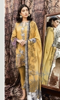 Front: Embroidered Printed Linen Back& Sleeves: Printed Linen Dupatta: Viscose Printed Shawl Trouser: Dyed Linen Neck Line: Organza Embroidered 