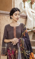 Front: Embroidered Printed Linen Back& Sleeves: Printed Linen Dupatta: Viscose Printed Shawl Trouser: Dyed Linen Neck Lace: Organza Embroidered