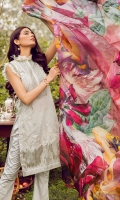 Shirt Front: Digital Printed Embroidered Shirt Back & Sleeves: Digital Printed Dupatta: Pure Chinese Silk Digital Printed Trouser: Printed Cambric Neck Patch: Organza Embroidered Front Daman Patch: Organza Embroidered Trouser Patch: Organza Embroidered