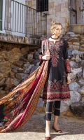 Shirt Front: Embroidered Jacquard (1.15 Meters) Shirt Back: Embroidered Jacquard (1.15 Meters) Sleeves: Dyed Jacquard (0.6 Meters) Dupatta: Digital Printed Pure Medium Silk (2.5 meters) Front & Back Daman Lace: Embroidered Lawn (1.8 meters) Sleeves Lace: Embroidered Lawn (1 meter) Trouser: Embroidered Cambric (2.5 Yards)