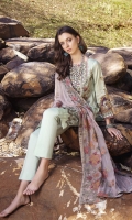 Shirt Front: Digital Printed Embroidered Lawn (1.15 Meters) Shirt Back & Sleeves: Digital Printed Lawn (1.8 Meters) Dupatta: Embroidered Chiffon (2.5 meters) Daman Lace: Embroidered Organza (0.9 Meters) Trouser: Dyed Cambric (2.5 meters)