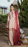 Shirt Front & Back: Embroidered Lawn with Laces (2.6 M) Sleeves: Embroidered Boring Lawn (0.6 M) Dupatta: Cotton Jacquard Shawl (2.5 meters) Sleeves Lace: Embroidered Organza (1 meter) Trouser: Dyed Cambric (2.5 meters)