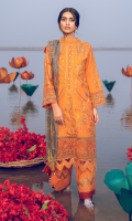 Shirt Front: Embroidered Lawn Shirt Back: Dyed Lawn Front & Back Lace 1: Embroidered Organza Front & Back Lace 2: Embroidered Cotton Sleeves: Embroidered Lawn Sleeves Lace: Embroidered Organza Dupatta: Printed Silk Trouser: Dyed Cambric Trouser Lace: Embroidered Organza