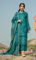 Shirt Front: Borer Embroidered Lawn Shirt Back & Sleeves: Dyed Lawn Front & Back Lace: Embroidered Cotton Sleeves Lace: Borer Embroidered Organza Dupatta: Tie & Dye Chiffon Dupatta Lace: Embroidered Organza (4 sides) Trouser: Dyed Cambric