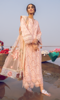 Shirt Front: Borer Embroidered Lawn with Laces Shirt Back: Dyed Lawn Sleeves: Embroidered Lawn Sleeves Lace: Embroidered Organza Dupatta: Embroidered Net Dupatta Pallu: Embroidered Organza Dupatta Lace: Embroidered Cotton Trouser: Dyed Cambric