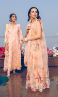 Shirt Front: Borer Embroidered Lawn with Laces Shirt Back: Dyed Lawn Sleeves: Embroidered Lawn Sleeves Lace: Embroidered Organza Dupatta: Embroidered Net Dupatta Pallu: Embroidered Organza Dupatta Lace: Embroidered Cotton Trouser: Dyed Cambric