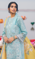 Shirt Front: Borer Embroidered Printed Lawn Shirt Back & Sleeves: Printed Lawn Front & Back Lace: Embroidered Organza Shirt Back Patch: Embroidered Organza Sleeves Lace: Embroidered Organza Dupatta: Printed Organza Dupatta Lace: Embroidered Organza (4 Sides) Trouser: Dyed Cambric