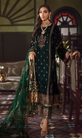 Shirt Front: Sequins Embroidered Velvet Shirt Back: Sequins Embroidered Velvet Shirt Side Panel: Sequins Embroidered Velvet Sleeves: Sequins Embroidered Velvet Dupatta: Embroidered Net Dupatta Lace: Sequins Embroidered Silk Sleeve Lace: Sequins Embroidered Silk Front & Back Lace: Sequins Embroidered Silk Trouser: Dyed Raw Silk Trouser Lace: Sequins Embroidered Silk