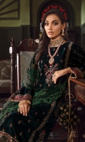 Shirt Front: Sequins Embroidered Velvet Shirt Back: Sequins Embroidered Velvet Shirt Side Panel: Sequins Embroidered Velvet Sleeves: Sequins Embroidered Velvet Dupatta: Embroidered Net Dupatta Lace: Sequins Embroidered Silk Sleeve Lace: Sequins Embroidered Silk Front & Back Lace: Sequins Embroidered Silk Trouser: Dyed Raw Silk Trouser Lace: Sequins Embroidered Silk