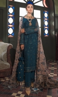 Frock Front: Embroidered Chiffon Frock back: Embroidered Chiffon Frock Front & Back Bodices: Embroidered Chiffon Sleeves: Embroidered Chiffon Dupatta: Embroidered Velvet Shawl Sleeves Lace: Embroidered Organza Front & Back Lace: Embroidered Organza Dupatta Pallu: Embroidered Silk Trouser: Dyed Raw Silk