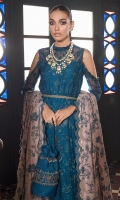 Frock Front: Embroidered Chiffon Frock back: Embroidered Chiffon Frock Front & Back Bodices: Embroidered Chiffon Sleeves: Embroidered Chiffon Dupatta: Embroidered Velvet Shawl Sleeves Lace: Embroidered Organza Front & Back Lace: Embroidered Organza Dupatta Pallu: Embroidered Silk Trouser: Dyed Raw Silk