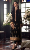 Shirt Front Panel: Sequins Embroidered Velvet Shirt Back Panel: Sequins Embroidered Velvet Shirt Side Panels: Embroidered Velvet Sleeves: Sequins Embroidered Velvet Shirt Panel Lace: Sequins Embroidered Organza Dupatta: Screen Foil Printed Chiffon Neckline: Sequins Embroidered Organza Daman Lace 1: Embroidered Organza Daman Lace 2: Sequins Embroidered Organza Sleeve Lace: Embroidered Organza Trouser: Dyed Raw Silk Trouser Lace: Sequins Embroidered Organza