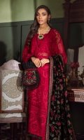 Shirt Front: Embroidered Chiffon Shirt Back: Dyed Chiffon Sleeves: Embroidered Borer Chiffon Dupatta: Embroidered Velvet Shawl Dupatta Pallu: Embroidered Velvet Front & Back Lace: Embroidered Borer Silk Sleeves Lace: Embroidered Borer Silk Trouser: Dyed Raw Silk