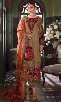 Shirt Front: Sequins Embroidered Chiffon with Velvet Applique Shirt Back: Sequins Embroidered Chiffon Sleeves: Sequins Embroidered Chiffon Dupatta: Sequins Embroidered Zarri Net Shawl Sleeves patch: Sequins Embroidered Velvet Sleeves Lace 1: Sequins Embroidered Velvet Sleeves Lace 2: Embroidered Velvet Front Lace 1: Sequins Embroidered Velvet Front Lace 2: Embroidered Velvet Shirt Back Lace: Sequins Embroidered Velvet Dupatta Lace: Sequins Embroidered Velvet (4 Sides) Trouser: Dyed Raw Silk Trouser Lace: Embroidered Velvet