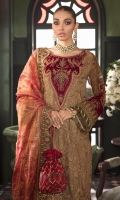 Shirt Front: Sequins Embroidered Chiffon with Velvet Applique Shirt Back: Sequins Embroidered Chiffon Sleeves: Sequins Embroidered Chiffon Dupatta: Sequins Embroidered Zarri Net Shawl Sleeves patch: Sequins Embroidered Velvet Sleeves Lace 1: Sequins Embroidered Velvet Sleeves Lace 2: Embroidered Velvet Front Lace 1: Sequins Embroidered Velvet Front Lace 2: Embroidered Velvet Shirt Back Lace: Sequins Embroidered Velvet Dupatta Lace: Sequins Embroidered Velvet (4 Sides) Trouser: Dyed Raw Silk Trouser Lace: Embroidered Velvet