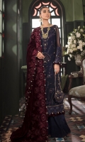 Shirt Front: Embroidered Chiffon with Adda Work Shirt Back: Embroidered Chiffon Sleeves: Dyed Chiffon Dupatta: Embroidered Velvet Shawl Sleeve Lace 1: Embroidered Silk Sleeve Lace 2: Embroidered organza Front & Back lace: Embroidered Silk Trouser: Dyed Raw Silk