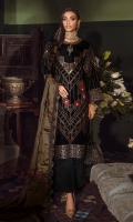 Shirt Front: Sequins Embroidered Velvet Shirt Back: Sequins Embroidered Velvet Sleeves: Sequins Embroidered Velvet Dupatta: Sequins Embroidered Zarri Net Shawl Dupatta Lace: Sequins Embroidered Silk (4 Sides) Front Patch: Embroidered Organza with Adda work Back Patch: Embroidered Organza Front Neckline: Embroidered Organza with Adda work Back Neckline Embroidered Organza Front Neck Motif: Embroidered Organza with Adda work Back Neck Motif: Embroidered Organza Front & Back Lace: Sequins Embroidered Organza Sleeve Lace: Sequins Embroidered organza Trouser: Dyed Raw Silk