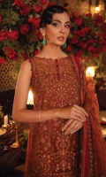 Shirt Front: Embroidered Net with Adda Work (0.85 y) Shirt Back: Embroidered Net (0.85 y) Sleeves: Embroidered Net (0.70 y) Shirt Front Patch : Embroidered Organza (1 piece) Front, Back and Sleeve Lace 1: Embroidered Organza (2.75 y) Front, Back and Sleeve Lace 2: Embroidered Organza (2.75 y) Front Back Lace 3: Embroidered Organza (1.70 y) Dupatta: Embroidered Net (2.75 y) Dupatta Lace: Embroidered Organza (4 sided) (8.5 y) Trouser: Dyed Raw Silk (2.5 y)